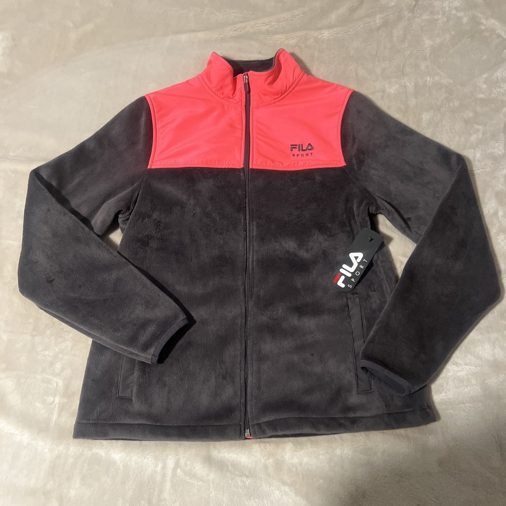 NWT FILA Sport Womens Pink Gray Full Zip Fleece Jacket Pockets Size Medium